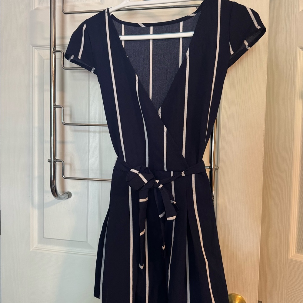 Blue and White V-Neck Mini Dress with Flutter Sleeves